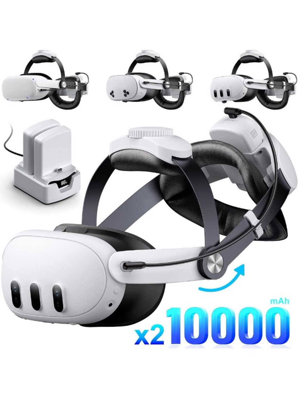 Adjustable VR Head Strap with 20000mAh Hot-Swap Battery Packs for Meta Quest 2/3